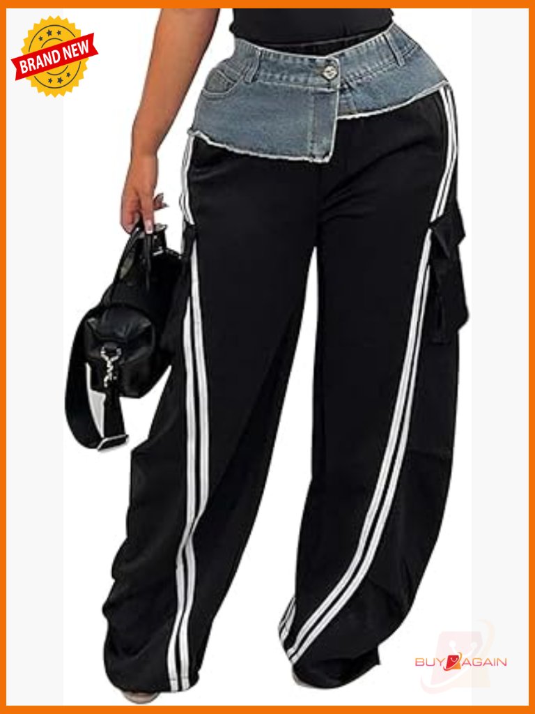 High Waisted Baggy Wide Leg Cargo Sweatpants Y2k Striped Pants With Pockets